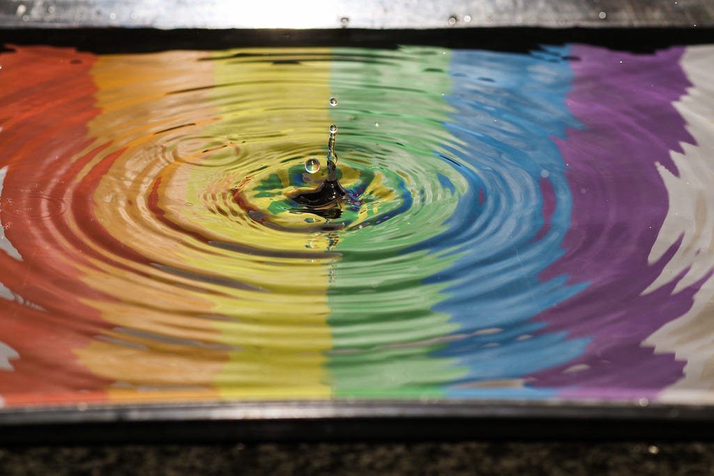 reflection of a rainbow flag in rippling water