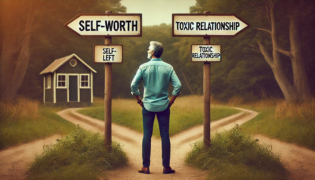 A person standing at a crossroads with signs indicating “Self-Worth” and “Toxic Relationship,” representing the decision to prioritize self-respect.