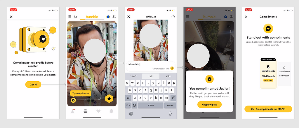 Screenshot showing a UX flow of screenshots of Bumble’s compliments feature