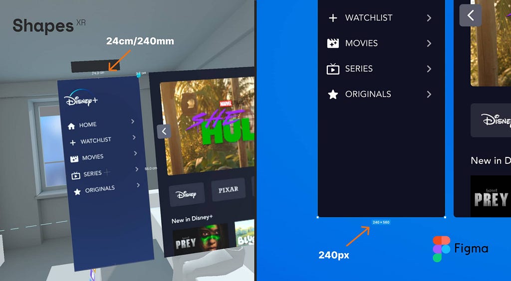 Image that shows how the 240 pixels in Figma are now 24 cm in Shapes XR