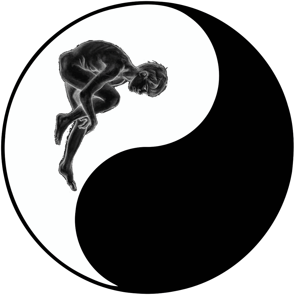 same yin and yang image as at the beginning of the poem except that one boy is missing, only the black dot/soul boy remains