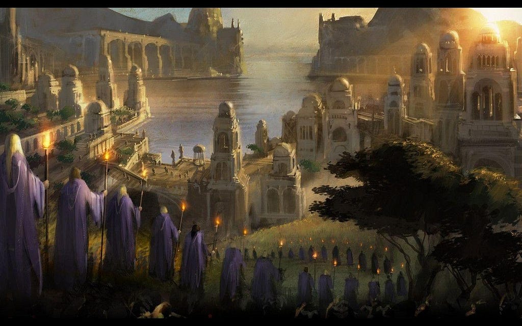 A fantasy painting of the middle earth.