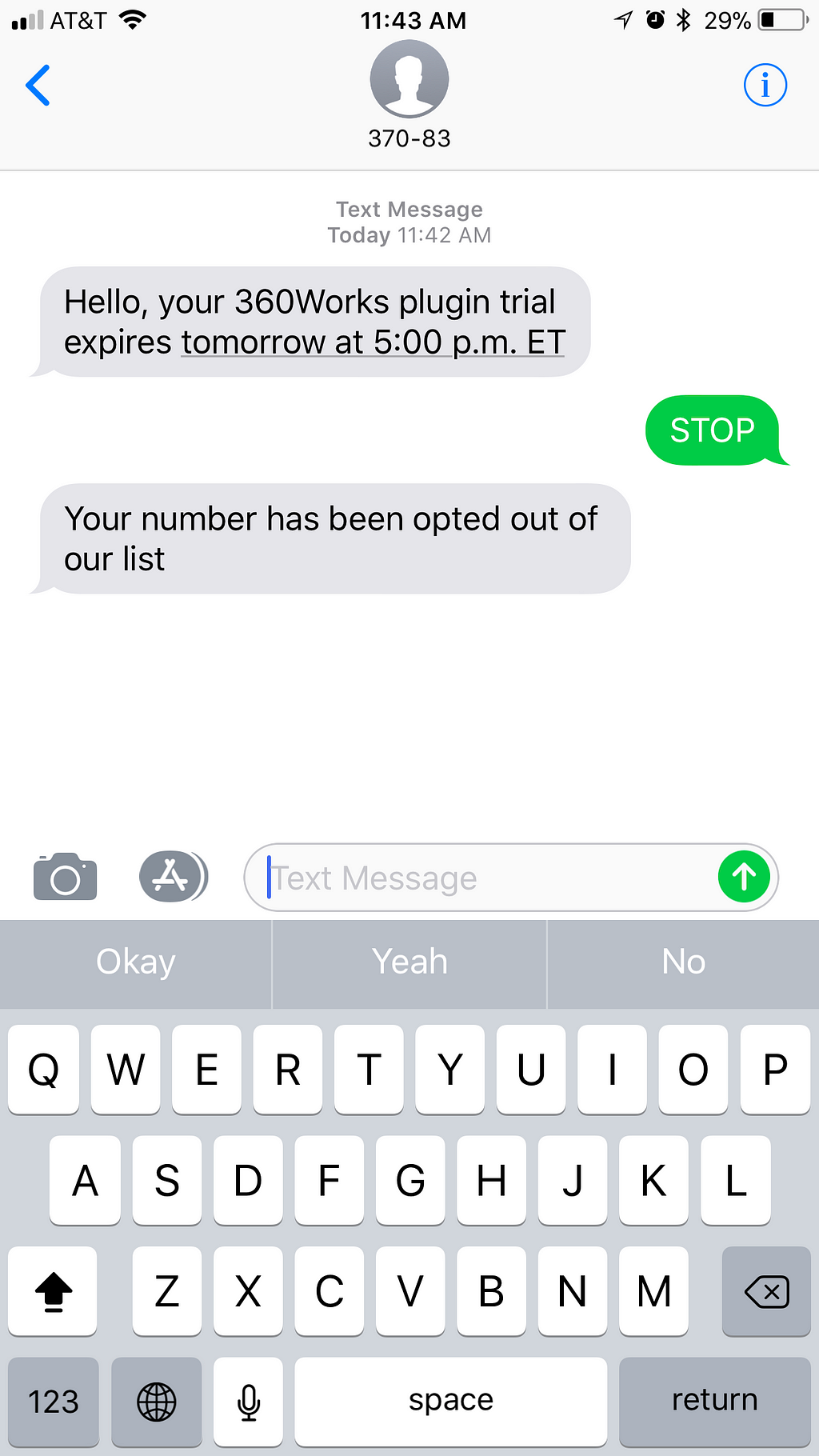 sms text message sent to customer from FileMaker with 360Works Email Plugin