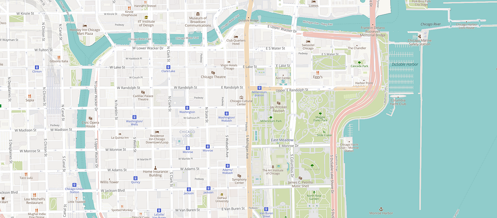 Prototype map design created in Mapbox Studio, focused on Downtown Chicago, updated with less saturated colors.