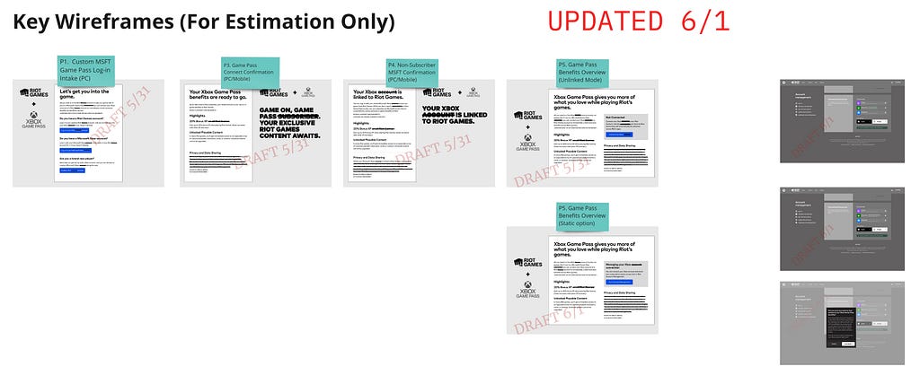 Screenshot of a Miro frame titled “For Estimation Only” that includes a series of 8 thumbnails in 2 groups. The left group contains greyboxed concept layouts for new screens needed for new player intake for the Xbox Game Pass signup experience. The right group contains greyboxed concept layouts of new screens needed in our Account Management experience. All are labeled “Draft” and several have stickies referring back to the Screen Inventory.