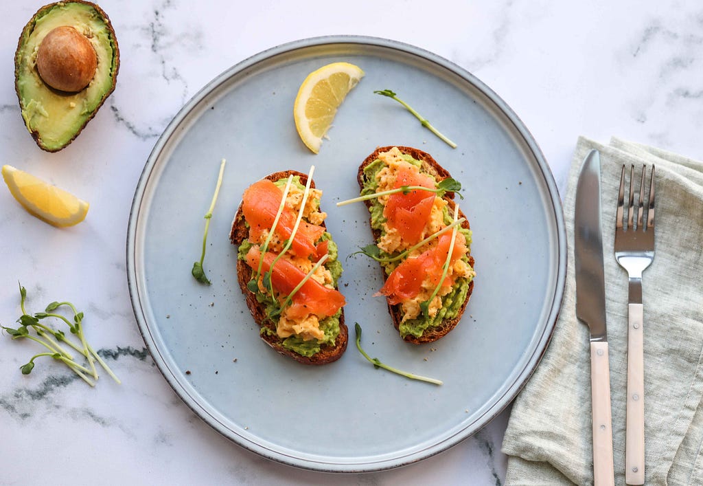 Avocado toast with eggs and salmon by FIT & NU™.