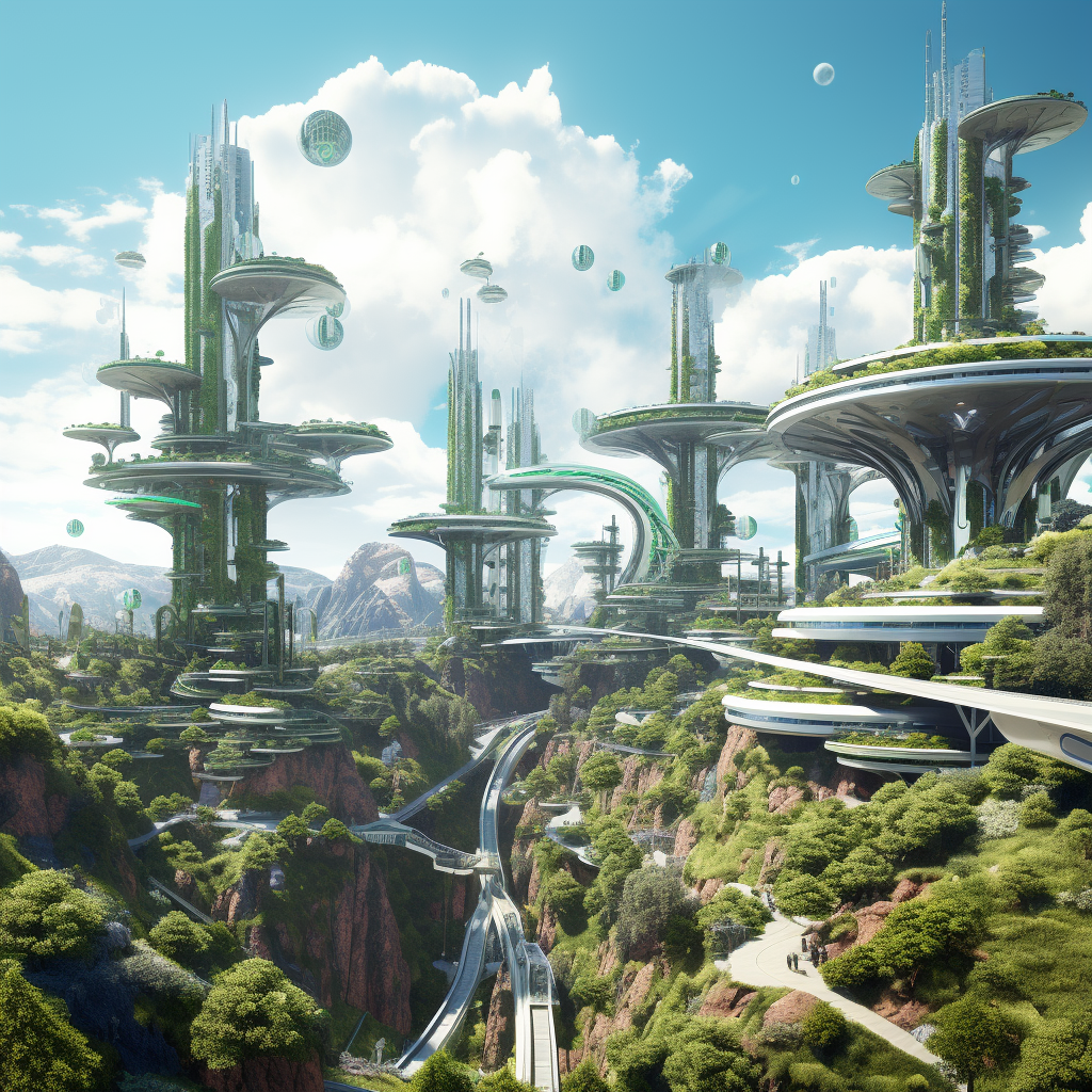 Futuristic green city with lots of roads and tall buildings.