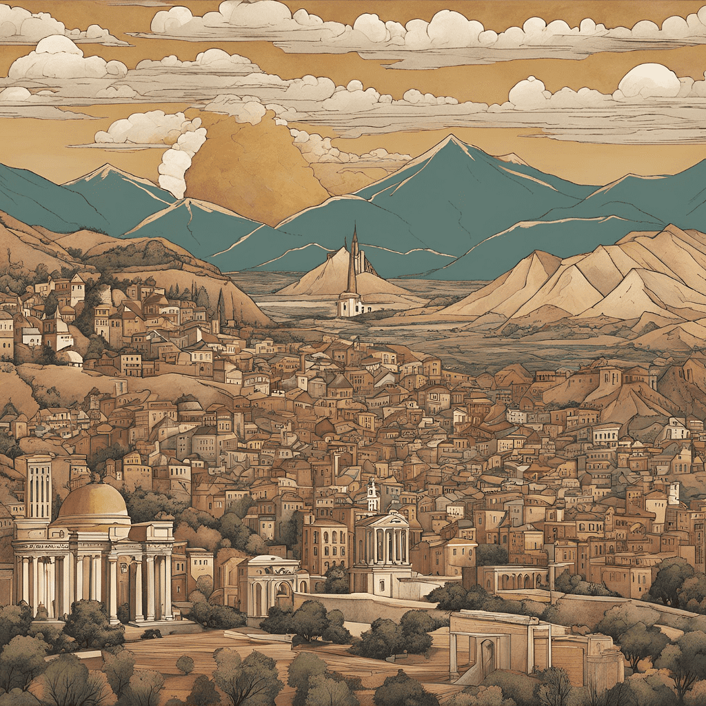 A drawing of what the ancient city of Sardis — buildings and homes in front of a backdrop of hills and mountains