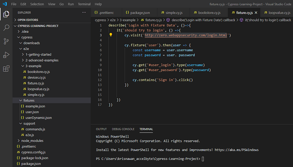 Fixtures folder in cypress hierarchy