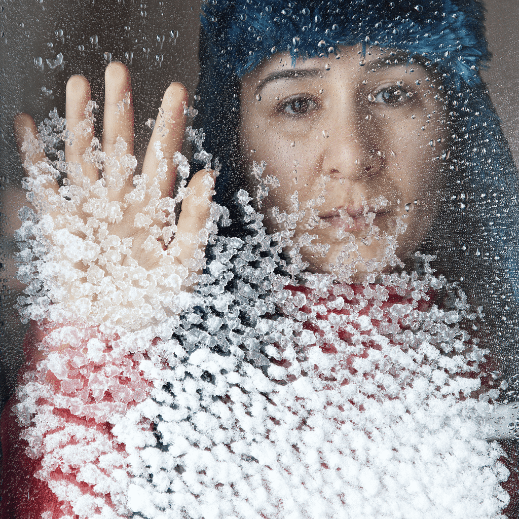 Woman looking through a snowy window.