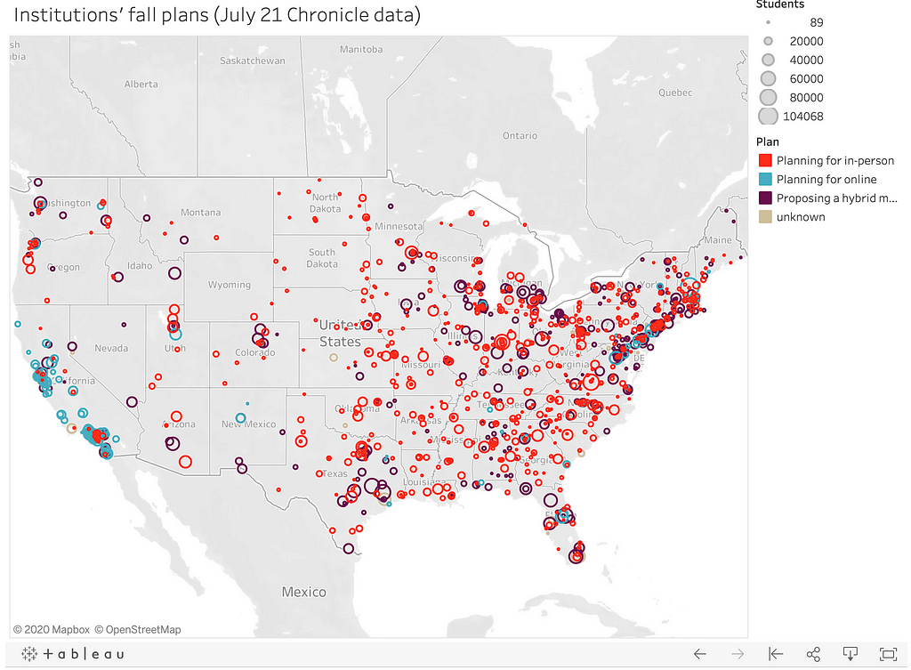 A map of US colleges and universities. Red circles show in-person instruction, blue is online-only, purple is hybrid.