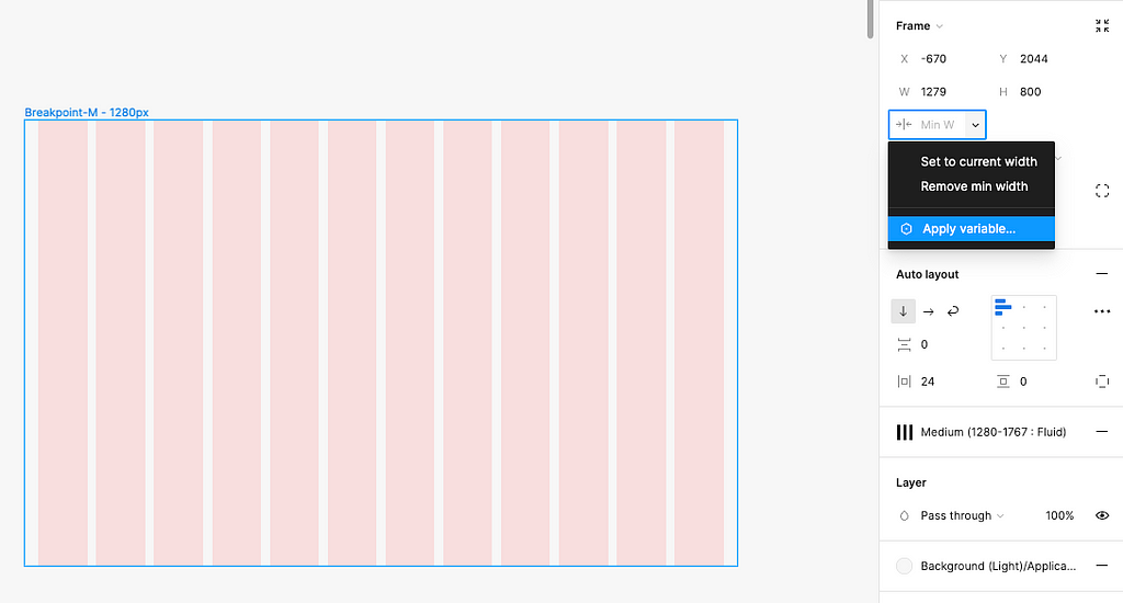 Image from Figma showing how to apply a variable to min and max constraint to a frame by the Apply variable button.