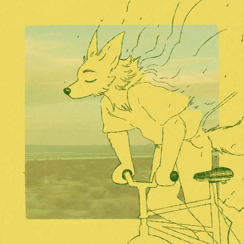 An anthropomorphic dog boy sits atop a bicycle with wind breezing past his hair.