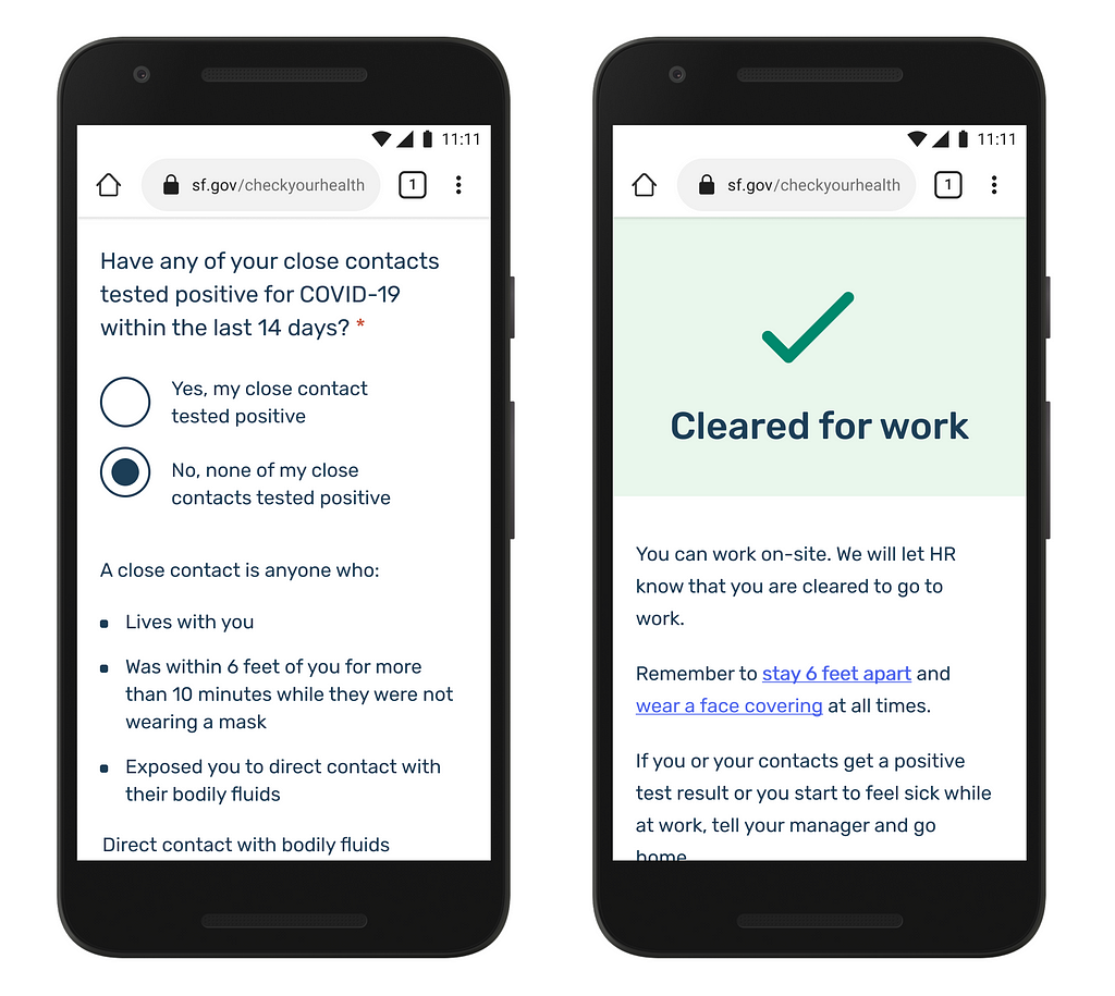 Two mobile phones show questions from an online form about employee health, and a confirmation screen.