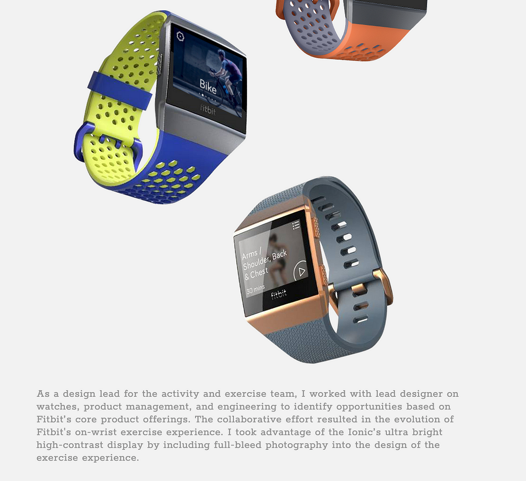 Fitbit devices and descriptive text of the process and team who worked on the design of the devices.
