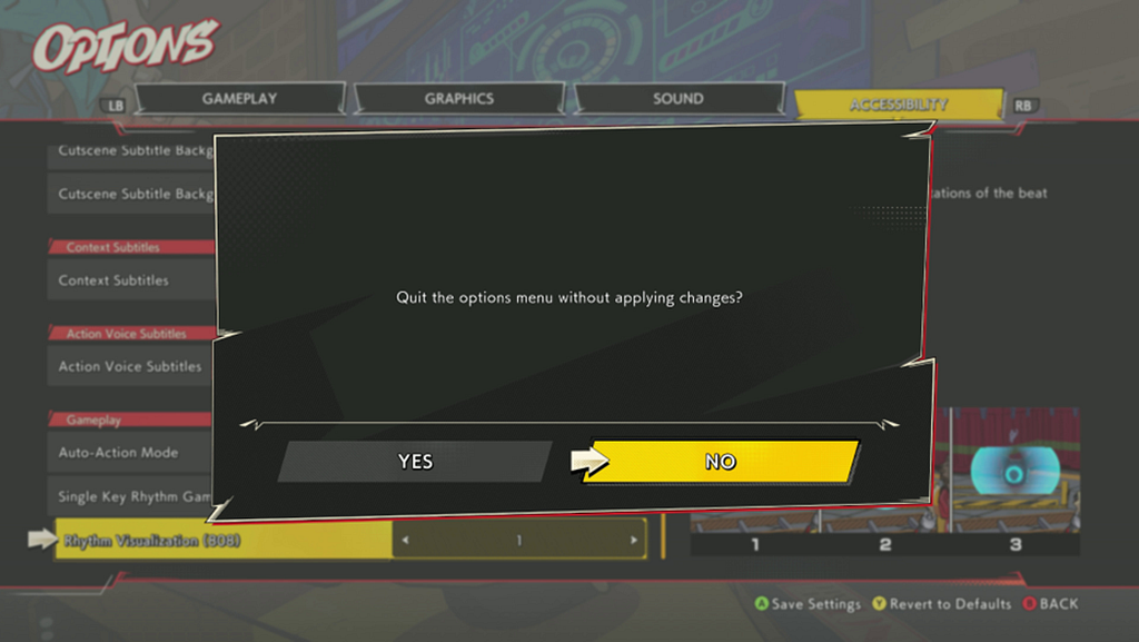 Hi-Fi Rush UI showing a confirmation dialog with Yes and No options.