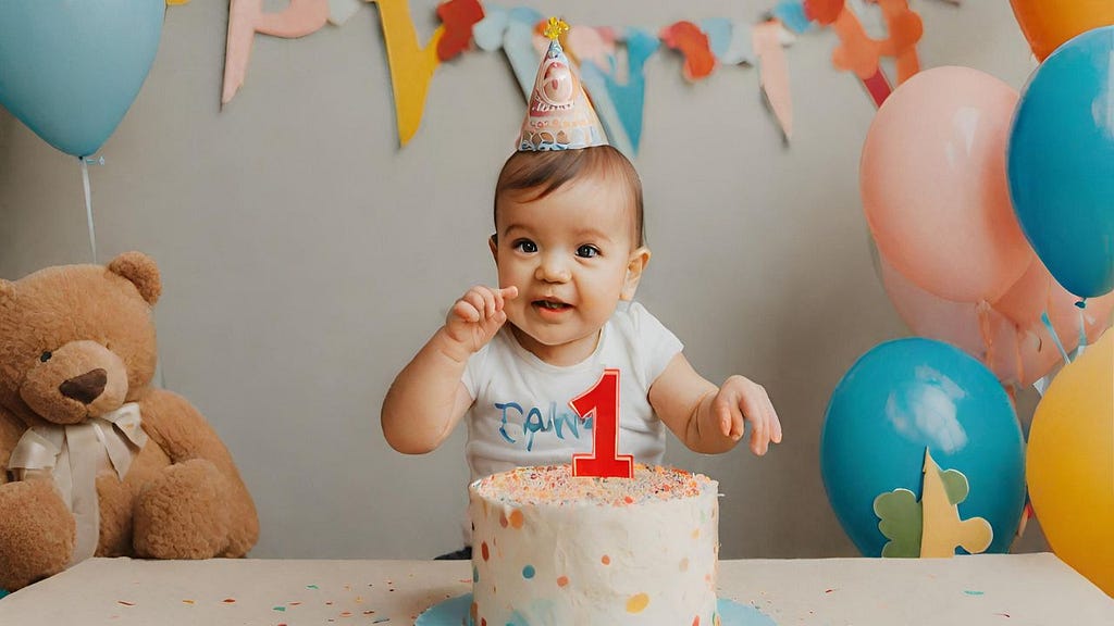 Ein 1-Jahres-Baby sitzt vor einer Geburtstagstorte mit Luftballons und einem Teddybär