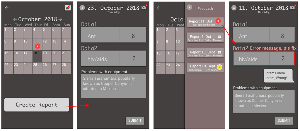 Grey wireframes containing a calendar and showing the flow between screens