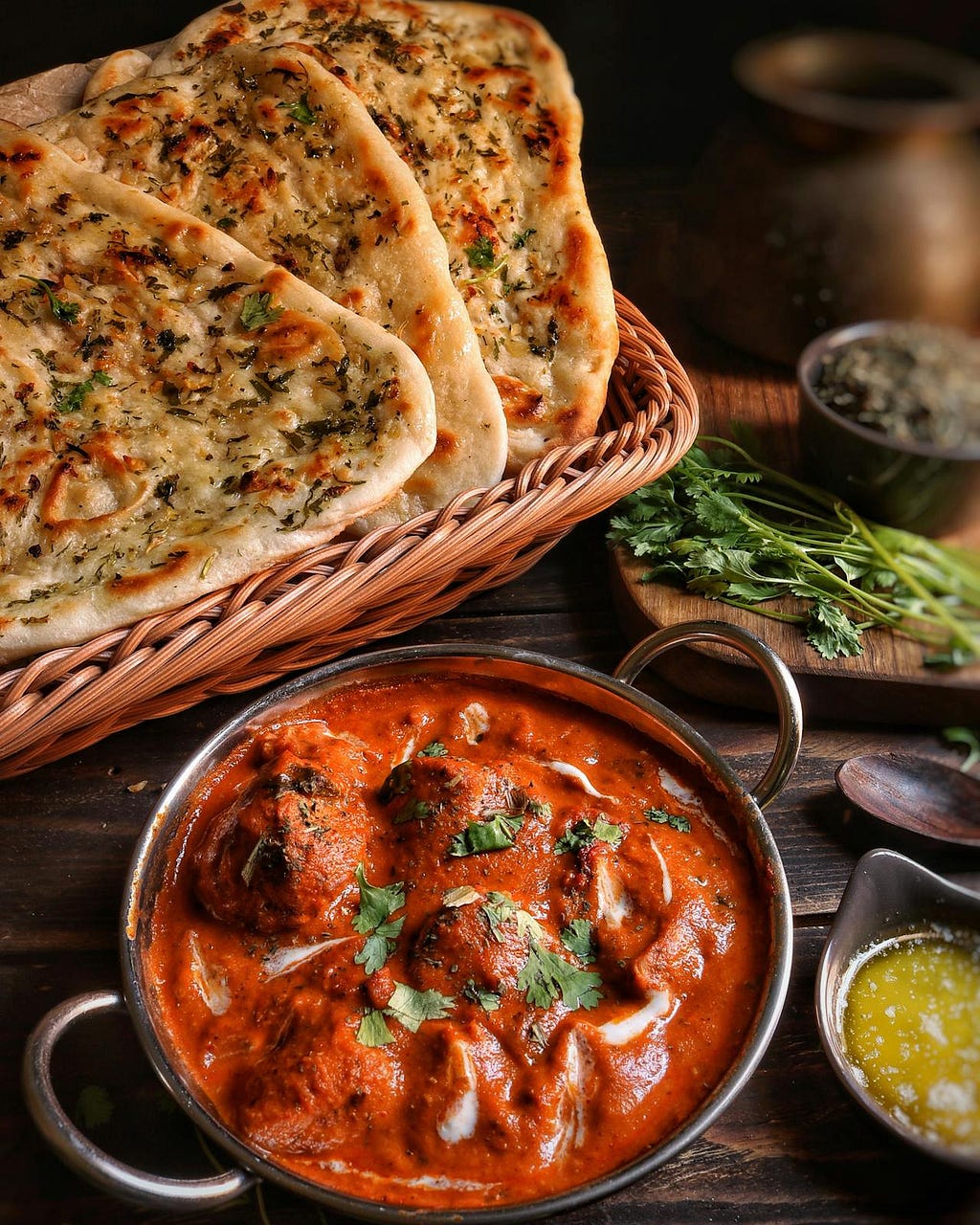 A serving of butter chicken with garlic naan on the side.