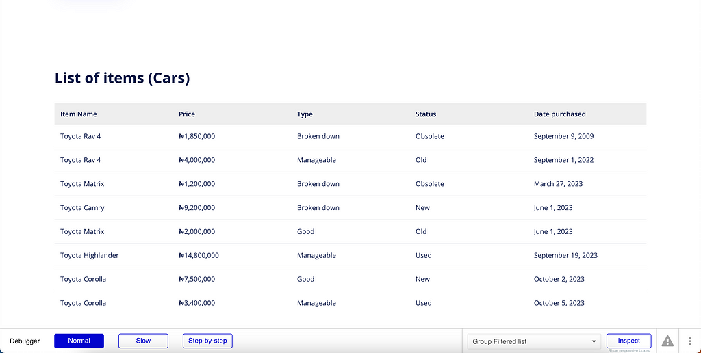 A picture showing a repeating group with a populated list of items