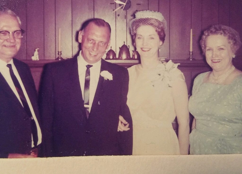 (l to r): Great Grandpa Monroe Moore, Grandpa Jack Taylor, Grandma Velma (Moore) Taylor, Great Grandma Gladys (Ellis) Moore. 1963. (photo by author).