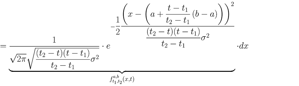 = \underbrace{\dfrac{1}{\sqrt{2\pi}\sqrt{\dfrac{(t_2 — t)(t — t_1)}{t_2-t_1}\sigma²}} \cdot e^{-\dfrac{1}{2}\dfrac{{\left( x- \left(a+\dfrac{t-t_1}{t_2 — t_1}\left( b — a\right) \right) \right)}²}{\dfrac{(t_2 — t)(t — t_1)}{t_2-t_1}\sigma²}}}_{f^{a, b}_{t_1, t_2} \left(x, t \right)} \cdot dx