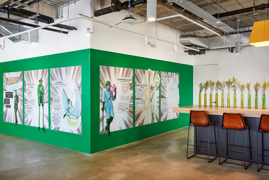 A green wall with comic book-style illustrations and text that describe the NerdWallet values.