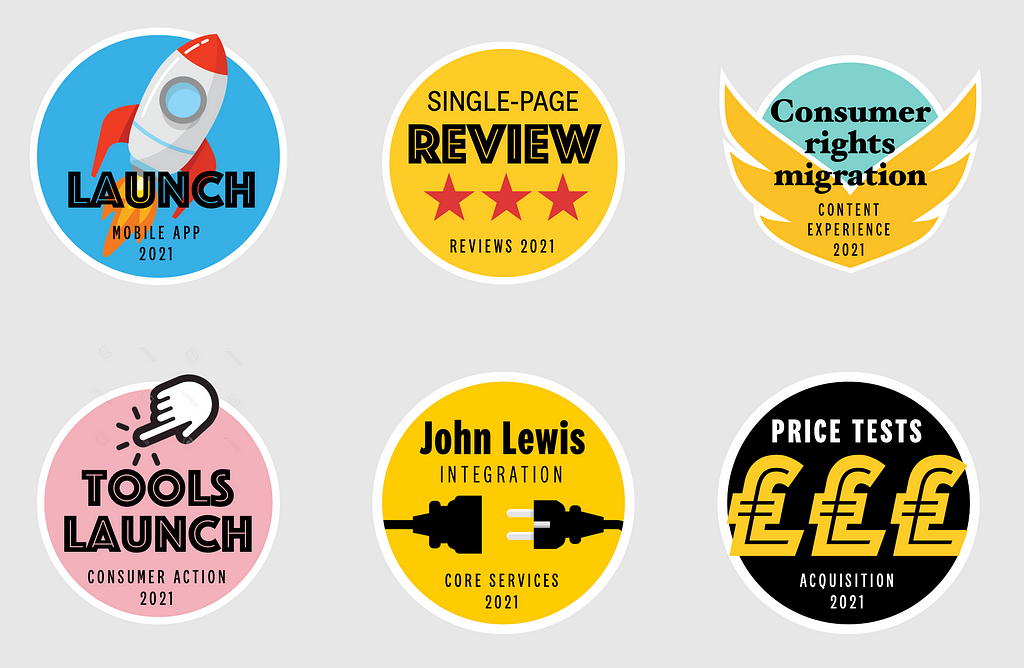 Graphic stickers calling out a series of successes, such as the launch of a new mobile