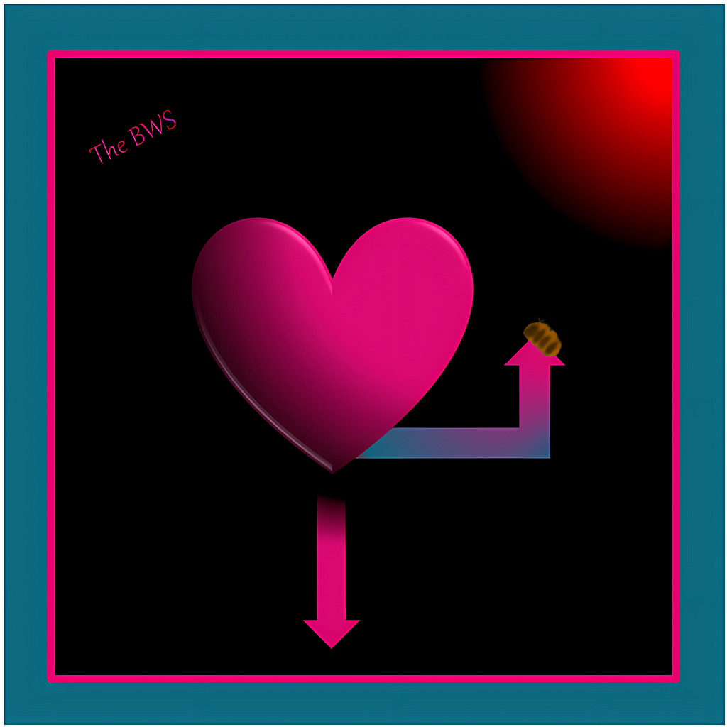 Human Heart in classic BWS colors, on a black and deep pink background, with two arrows, one pointing up, one pointing down