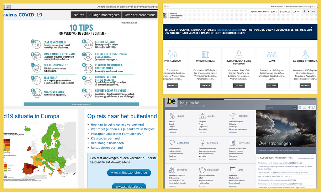Enkele voorbeelden (screenshots van) websites van de overheid zoals die van de Federale Dienst Financiën, de Officiële site van België en de informatieve website van de Federale Overheid over het Corona virus.