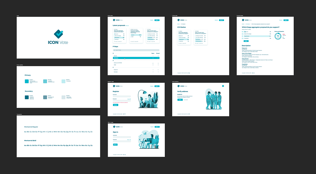 Designs we’ve created for ICON Vote so far, including 6 web pages and the branding pack.