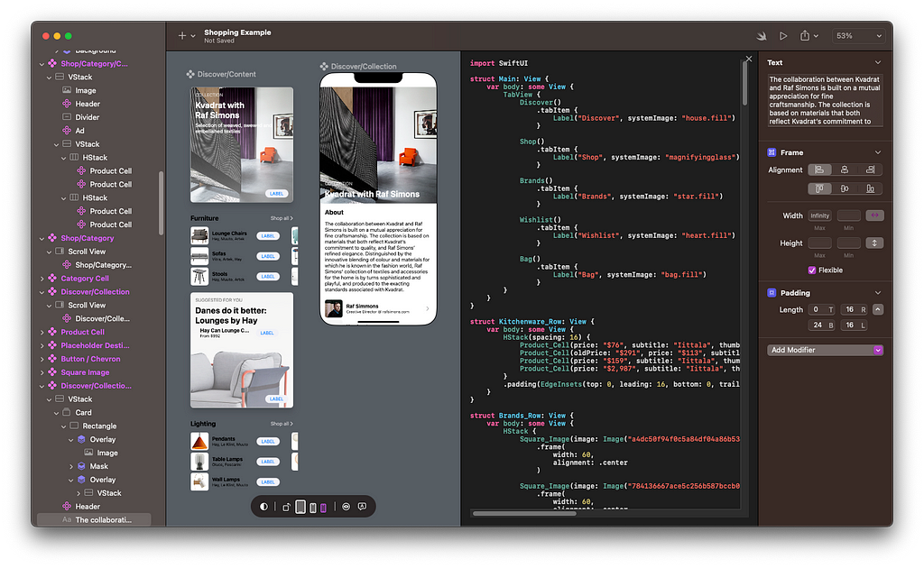 A screen shot of Judo in dark mode, showing how design and code can be viewed side by side