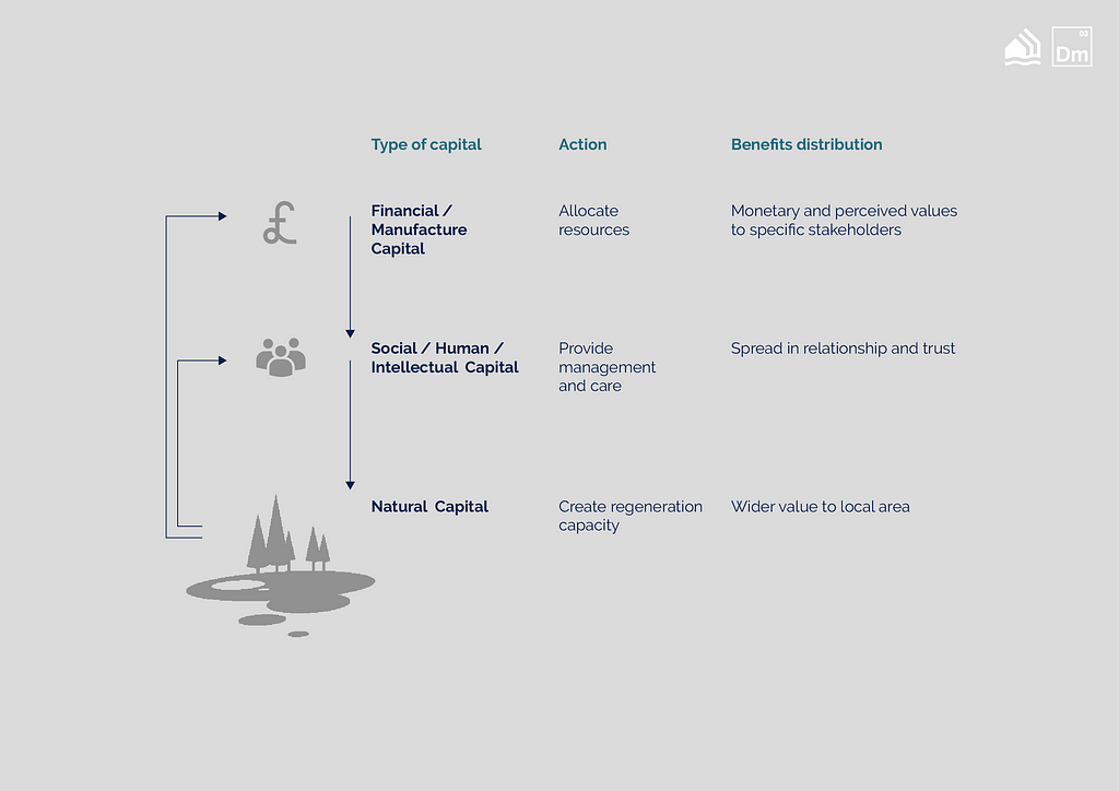 Diagram illustrating the flow of capital creation, ranging from financial/manufacture capital over social/human/intellecutal capital to natural capital.