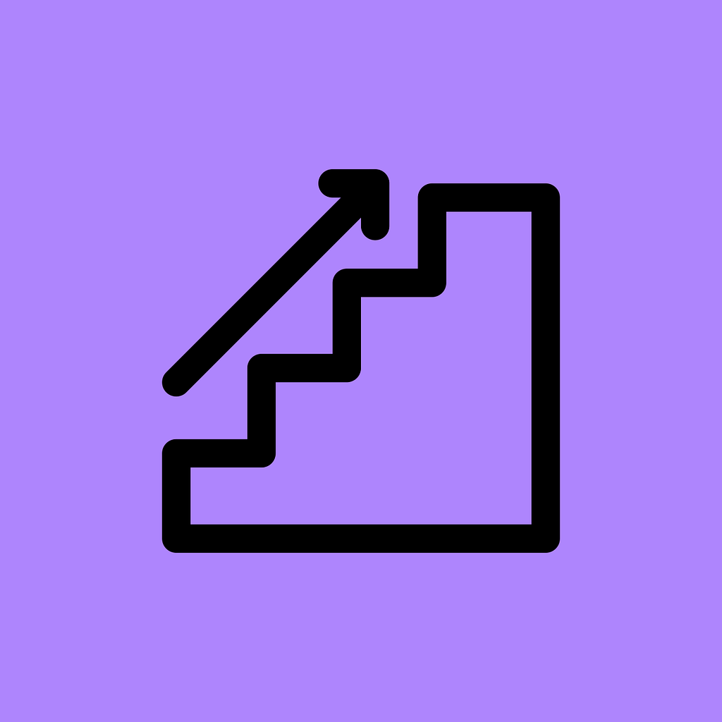 Illustration of steps with an arrow pointing upwards. The background is purple.