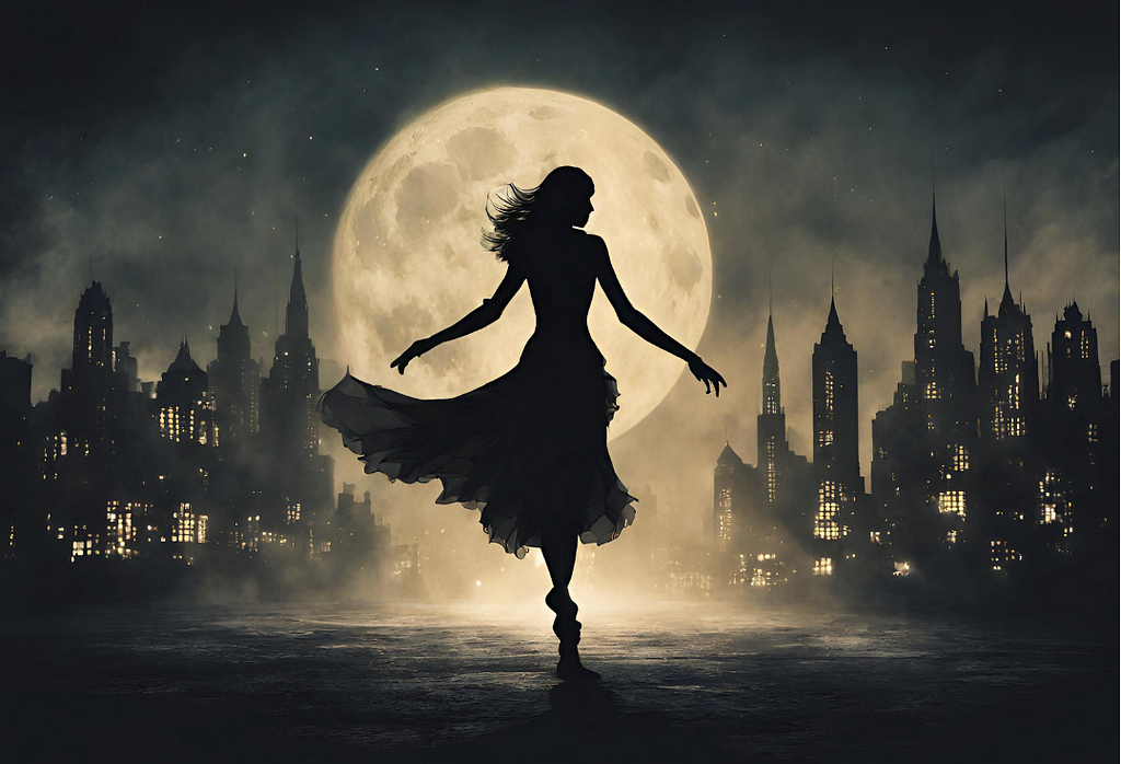 A woman’s shadow dancing in the moonlight