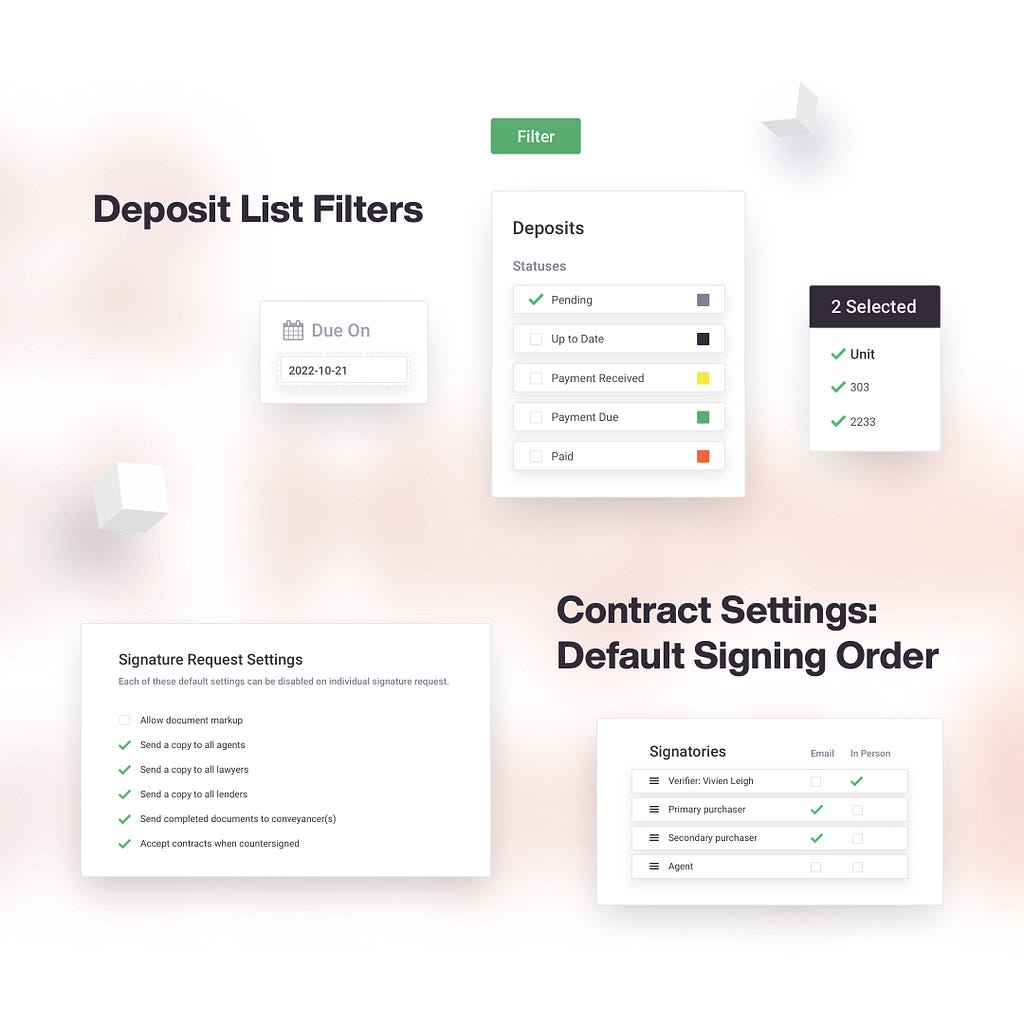 Deposit list Filters graphic, Contract Settings: Default Signing Order, Spark Real Estate Software