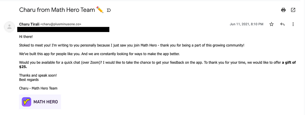 Screenshot of an email sent to prospective interview candidates