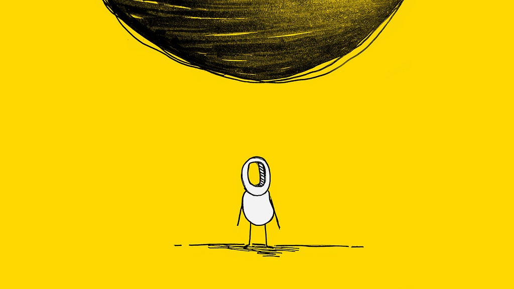A faceless white figure on a yellow background stares ahead while a black sphere hangs above them precariously.
