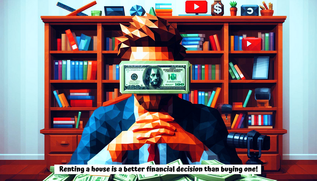 Image of a YouTuber generated by Microsoft Bing stating — “renting a house is a better financial decision than buying one”