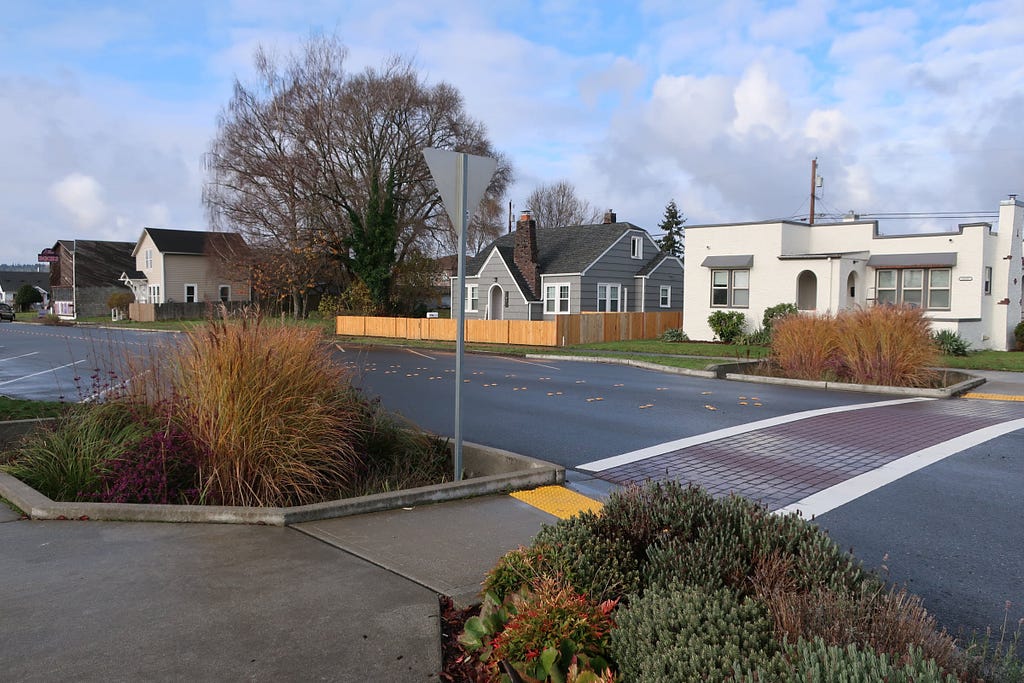 Photo of an intersection on Third Street in Marysville, with the bioretention cells in the foreground.