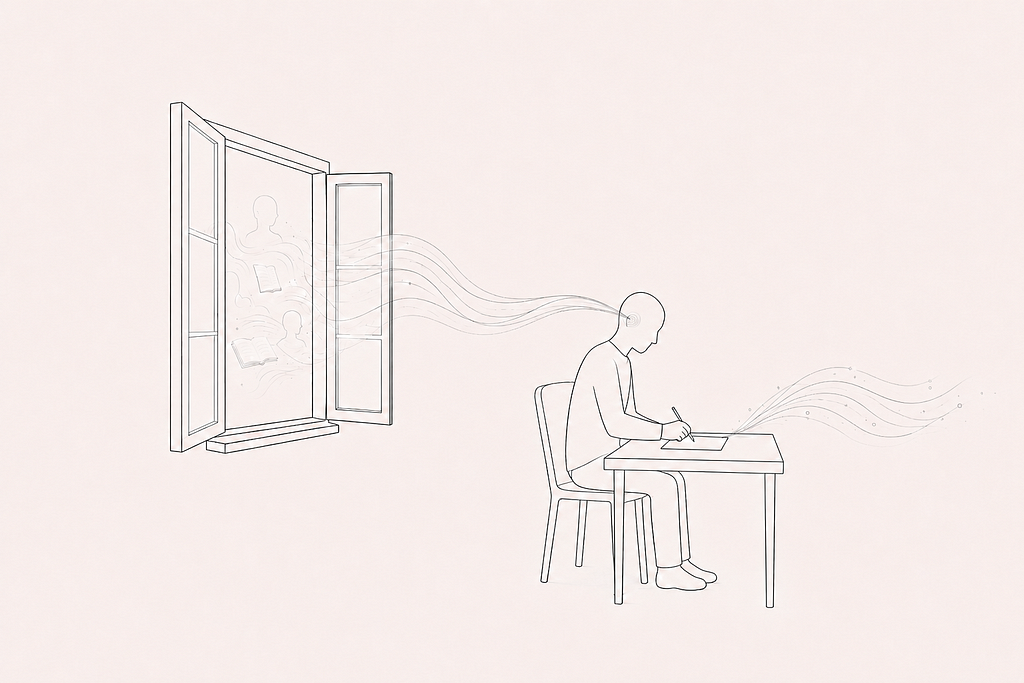 Minimal line illustration of ideas flowing from an open window into a person’s head and out through their writing.