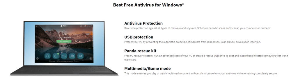 Panda Free Antivirus Features page