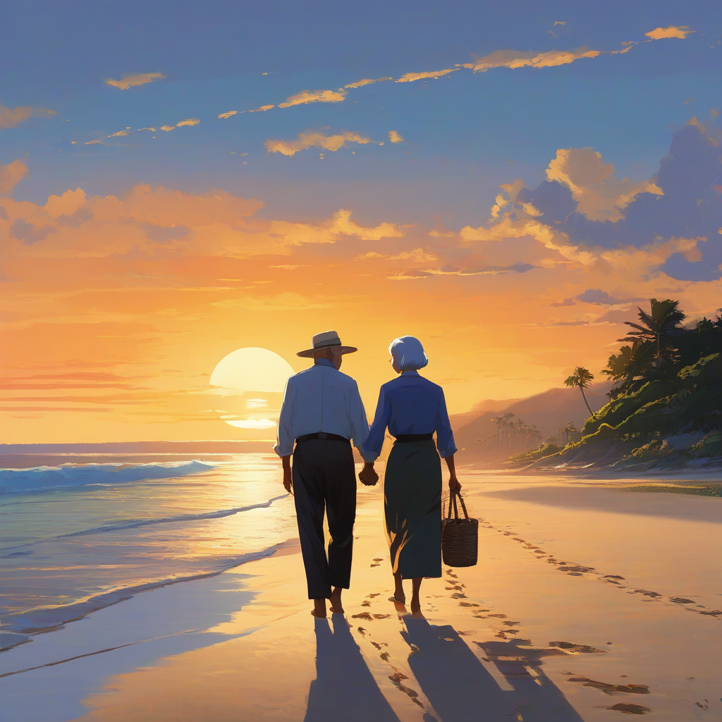 elderly couple holding hands as they walk on the beach at sunset
