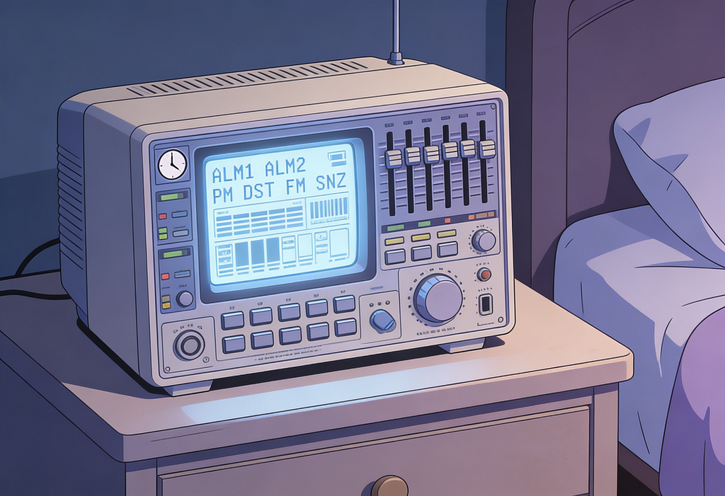 Illustration of an absurdly over-engineered digital alarm clock on a bedside table in a dim bedroom. Its cluttered glowing display is crammed with cryptic labels — “ALM1 ALM2 PM DST FM SNZ” — alongside dozens of tiny unlabeled buttons, dials, and slider controls, with a bed visible beside it.