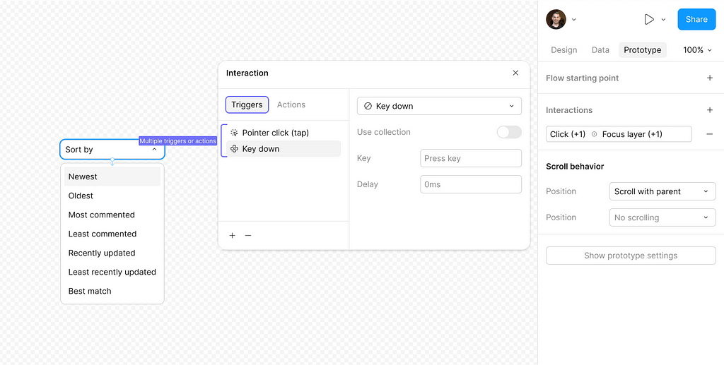 A view of a select component, prototype panel, and new interaction window that lets designers add multiple actions and multiple triggers to a single interaction.