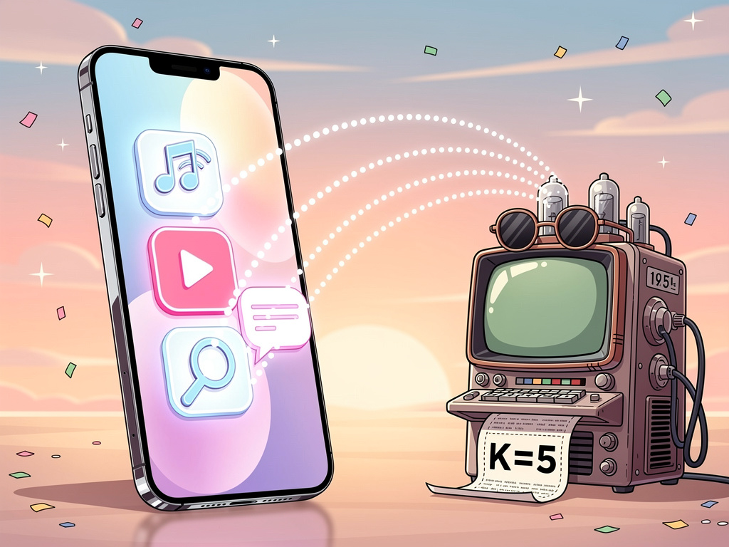 Cartoon phone screen showing popular apps connected by glowing lines to a vintage 1951 retro computer running KNN