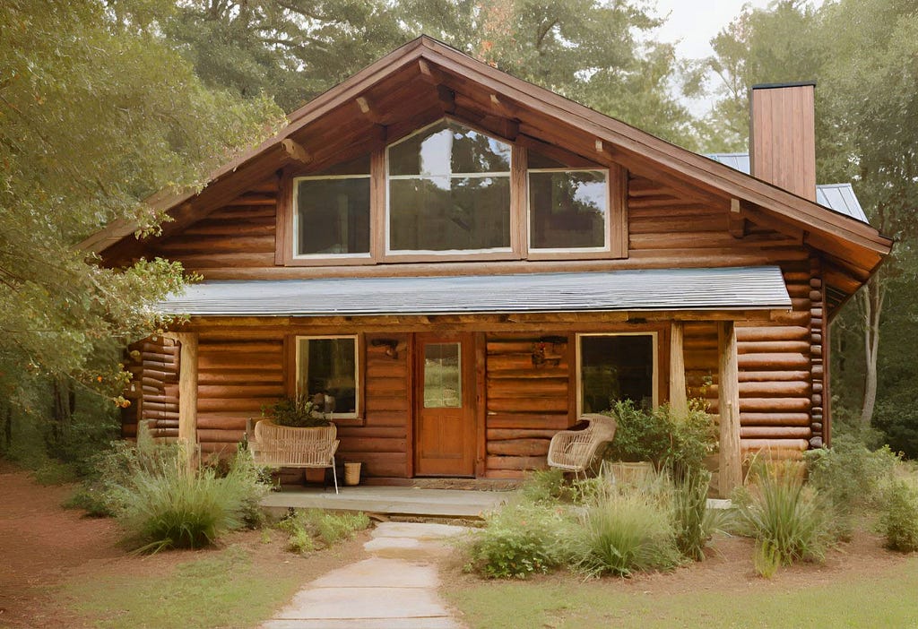 A log cabin with picture windows, wood door, and native bush plants
