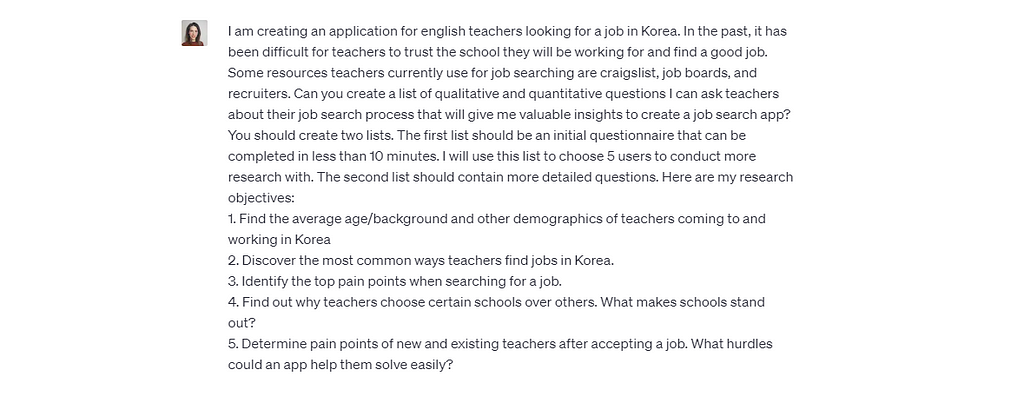 An input in ChatGPT asking it to generate two user surveys to gather data on teachers looking for jobs in Korea.