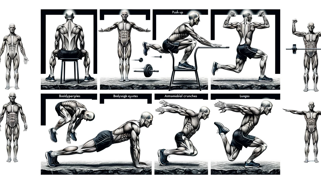Illustrazione dettagliata e anatomicamente accurata che mostra sei esercizi calistenici con tecnica di livello esperto, enfatizzando la forma anatomica corretta per ogni esercizio
