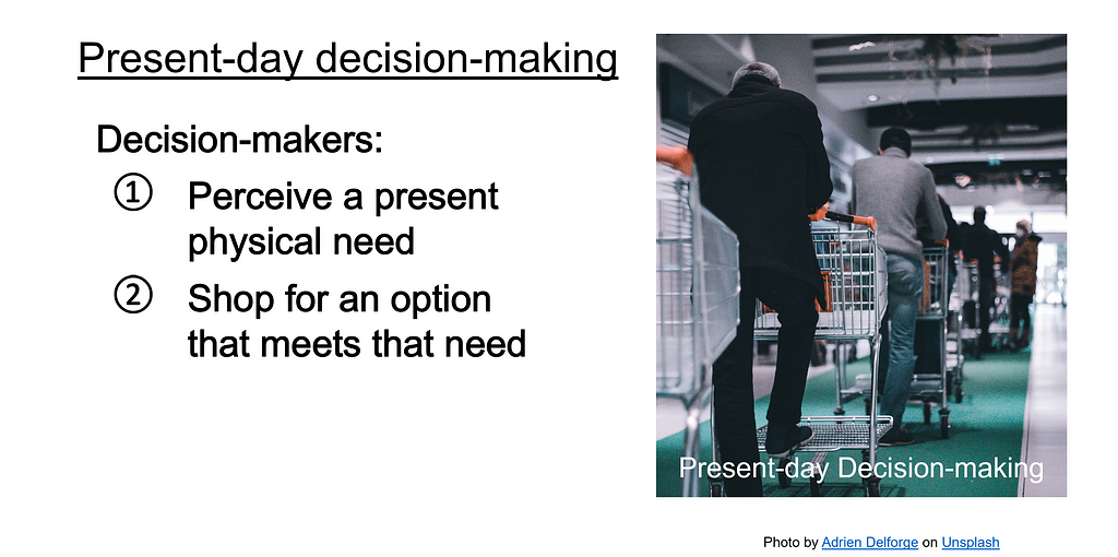 Second, decision-makers shop for an option that meets that present need